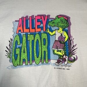 Vtg 1989 I Strike Sportsxwear Alley Gator Bowling T-Shirt Hanes Beefy-T M White‎